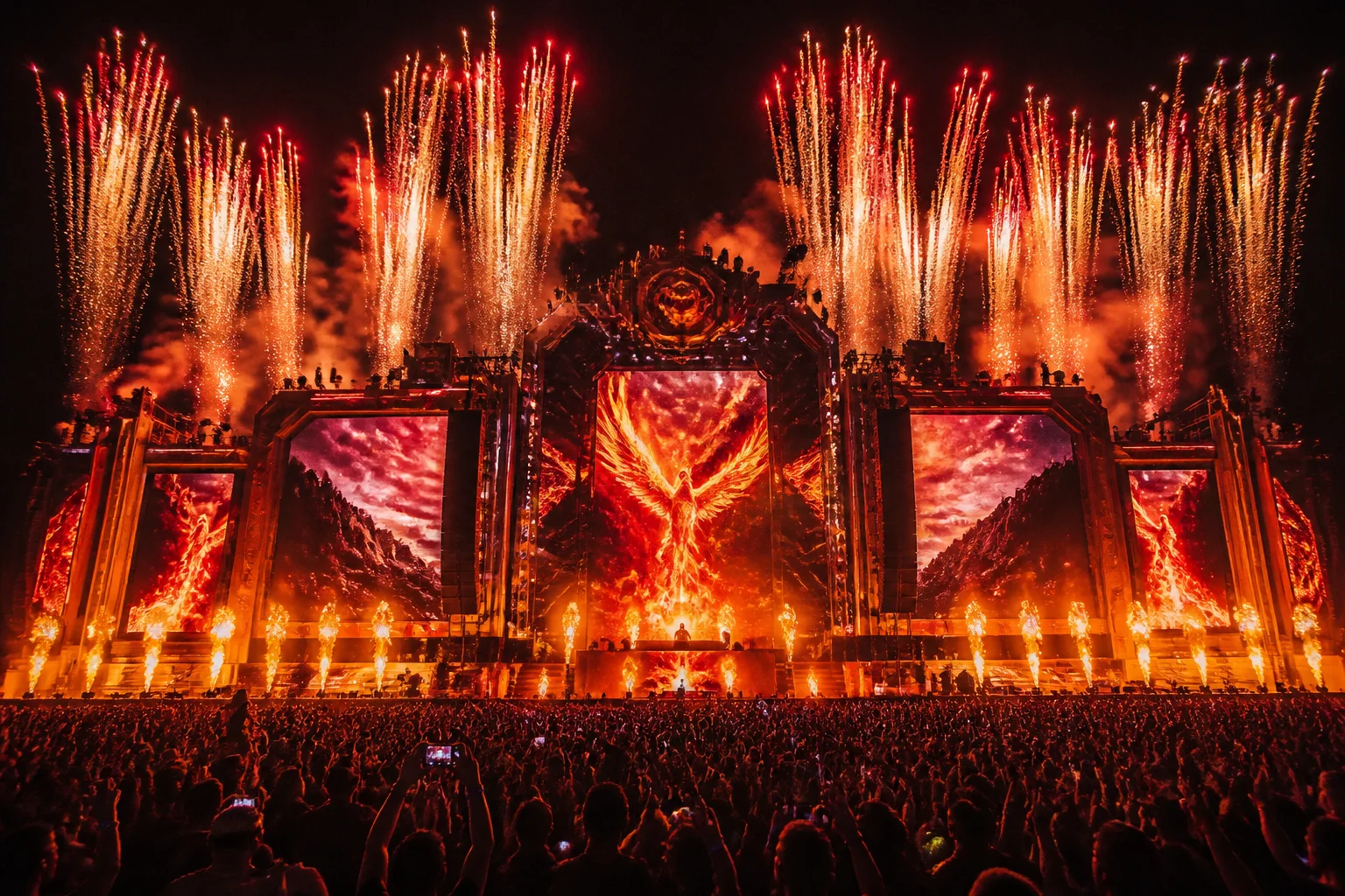 Stadium stage setup and visual production during concert tour